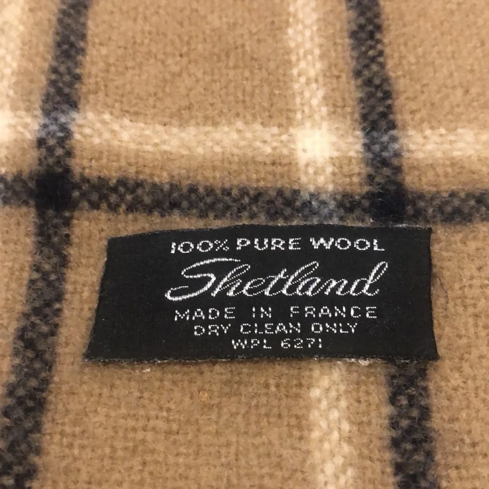 SHETLAND LONG WOOL PLAID SCARF WITH FRINGE TAN BLACK WHITE UNISEX